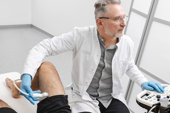 Medic face o ecografie la nivelul muschilor piciorului
