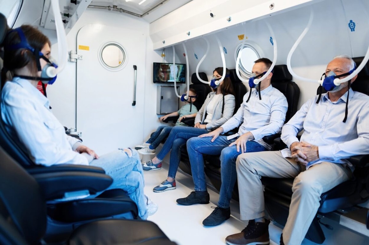 Patients in a hyperbaric oxygen therapy chamber